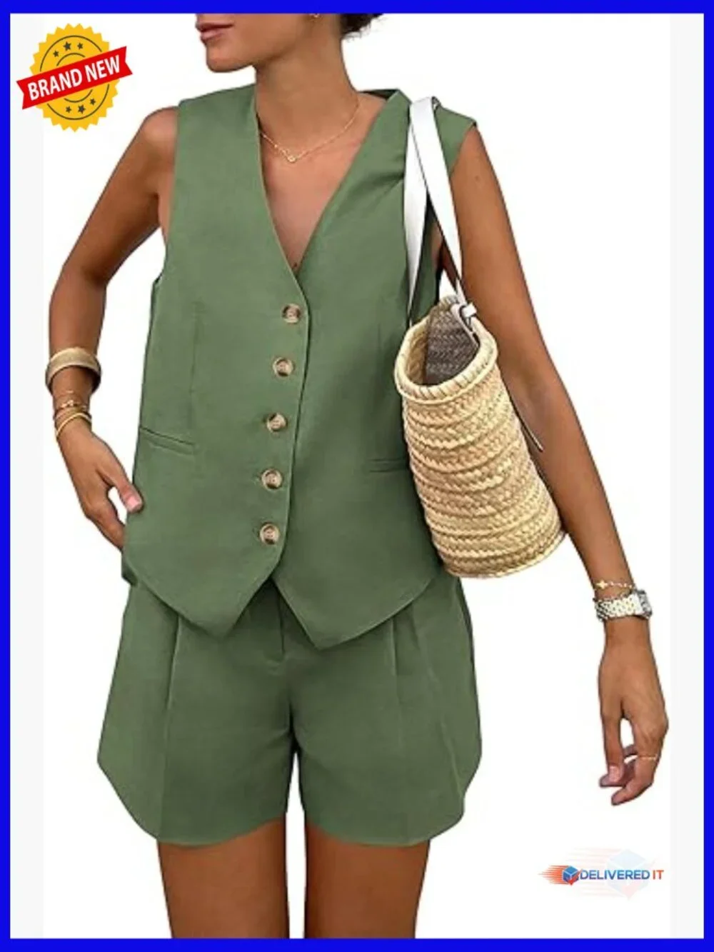Sleeveless 2 Piece Shorts Set V Neck Vest with Pockets Summer Matching Outfit